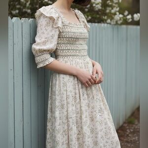 Jessakae Cream Floral Smocked Bodice Puff Sleeve Fit & Flare Midi Dress Size Med